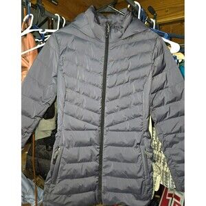 32 Degrees Heat Women's XS Gray Hooded Puffer Jacket Mid-Length Full Zip